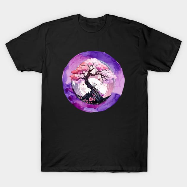 Japanese Purple Pink Cherry Blossom Art T-Shirt by Evokative Wear